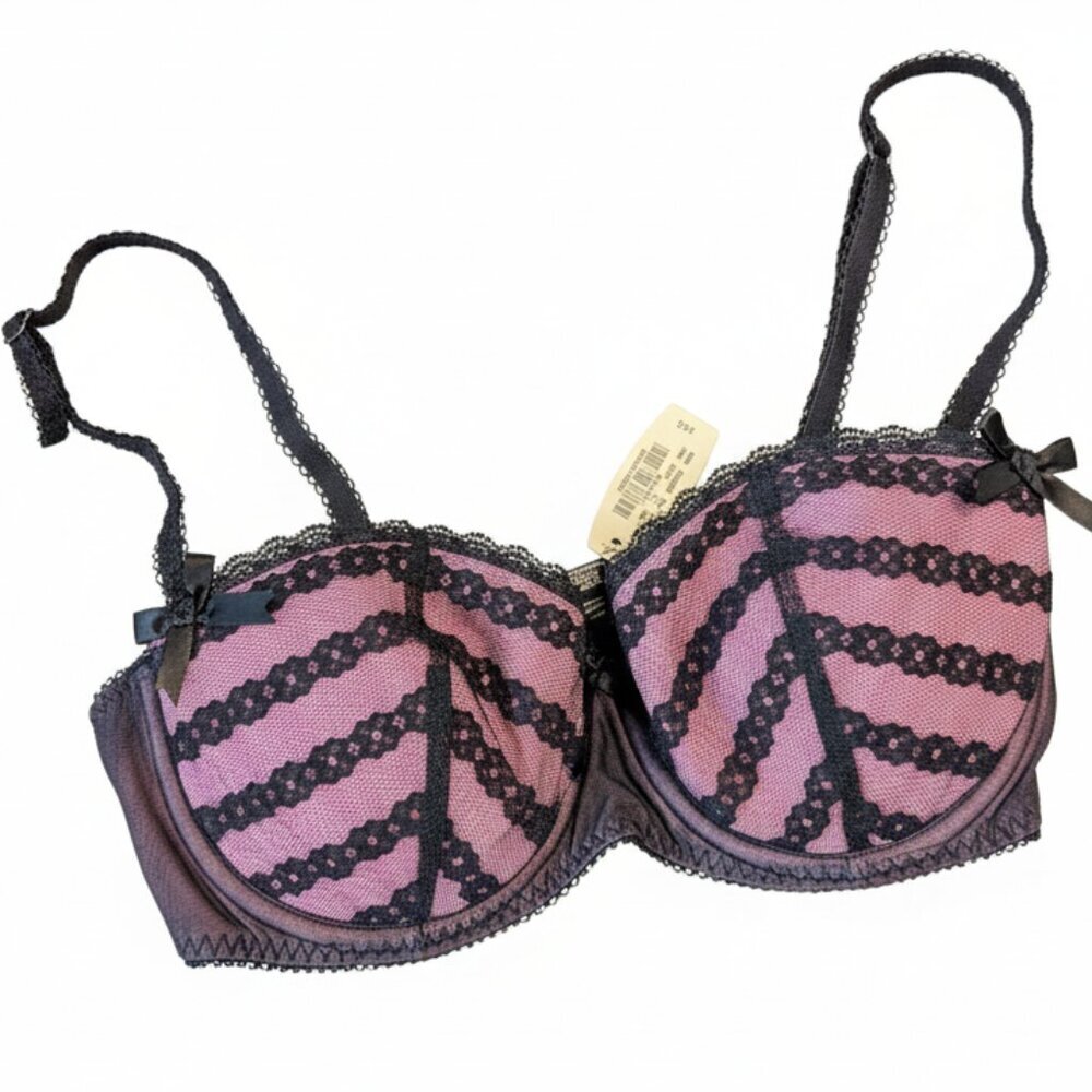 Victoria's Secret 34C Pink Black Lace Bow Balconette Bra NWT